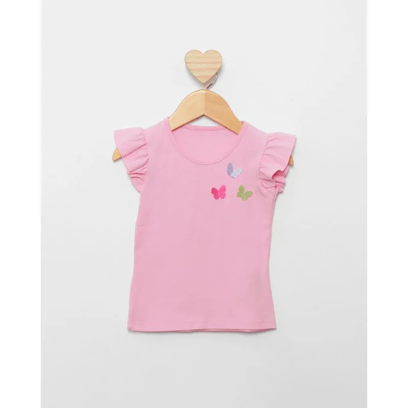 Blusa Bebê Aplicação Borboletas Manga Curta Rosa 1
