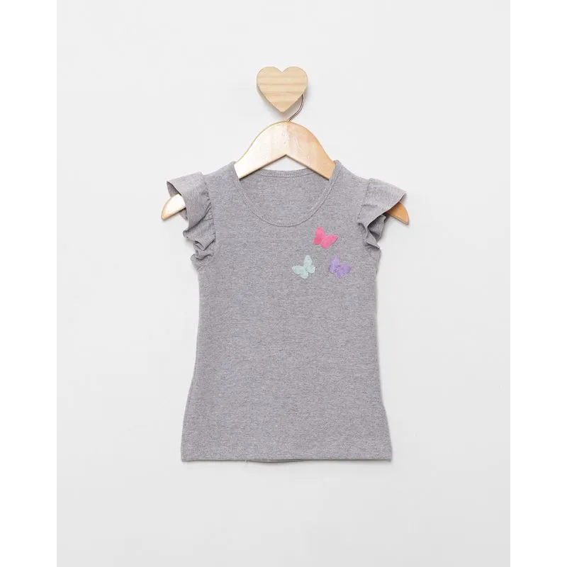 Blusa Bebê Aplicação Borboletas Manga Curta Cinza 2