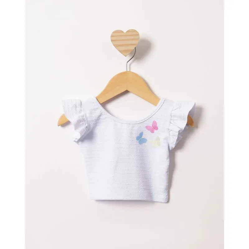 Blusa Bebê Cropped Manga Curta Babado Com Aplicação Interativa Branca 2