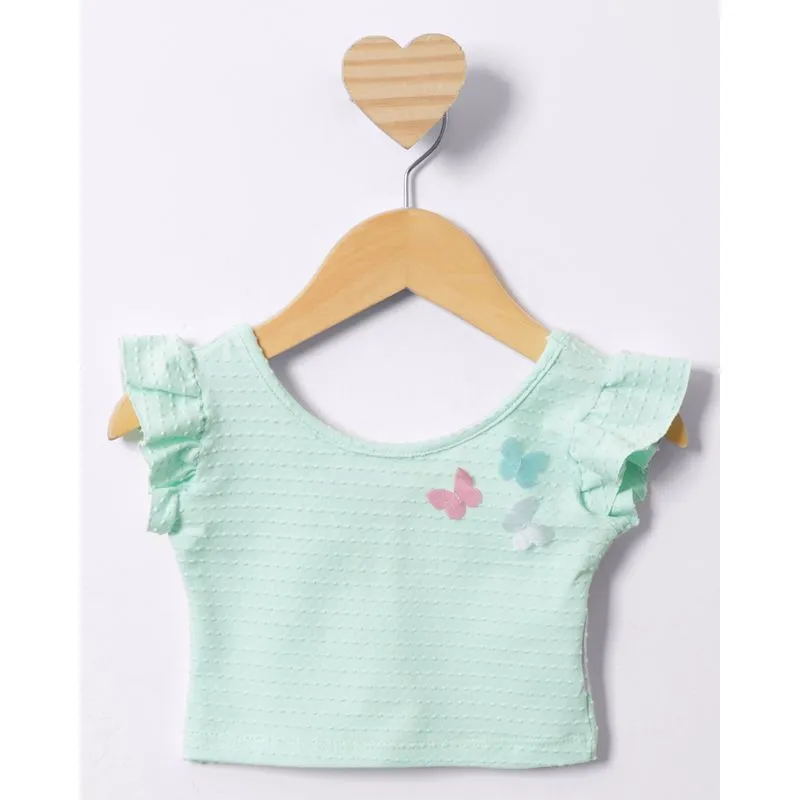 Blusa Bebê Cropped Manga Curta Babado Com Aplicação Interativa Verde 1