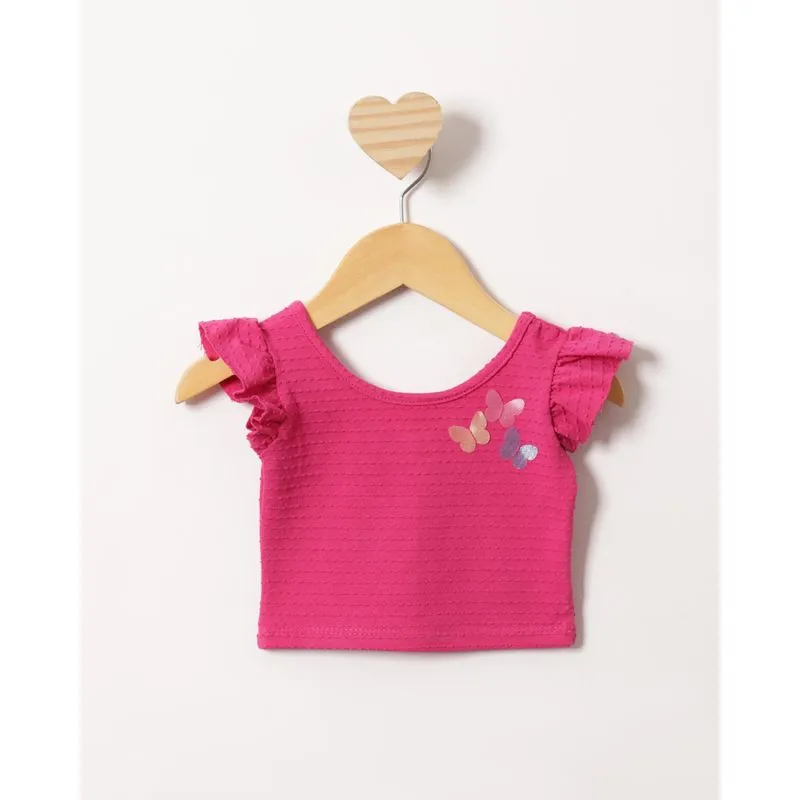 Blusa Bebê Cropped Manga Curta Babado Com Aplicação Interativa Rosa 3