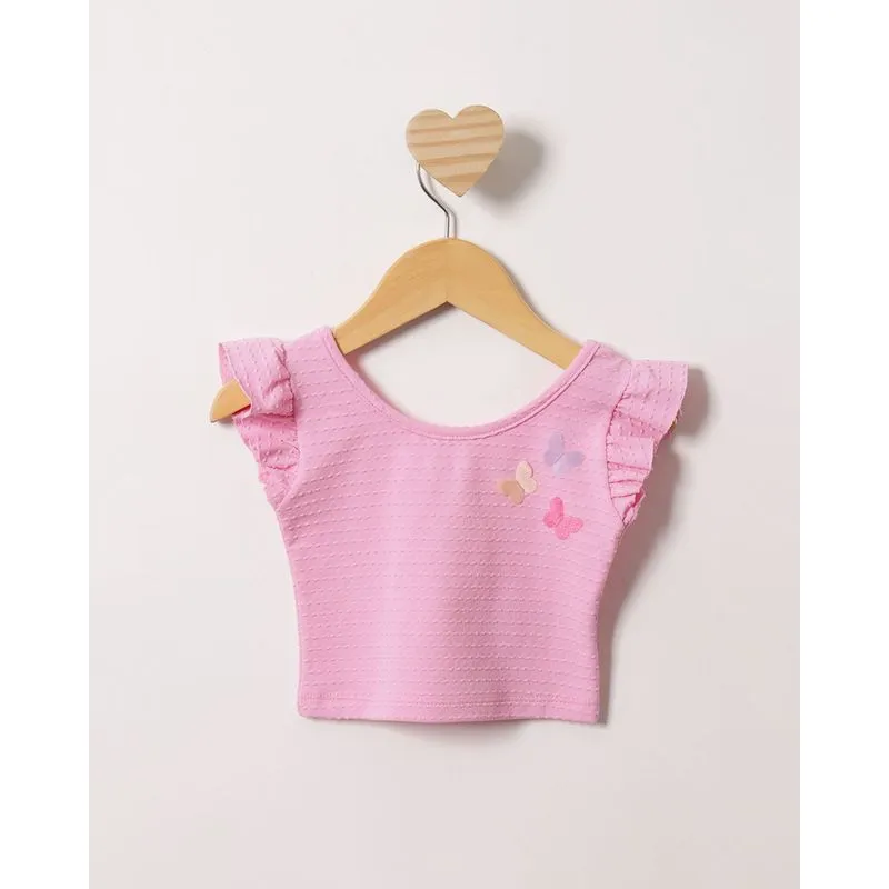 Blusa Bebê Cropped Manga Curta Com Aplicação Interativa Rosa 2