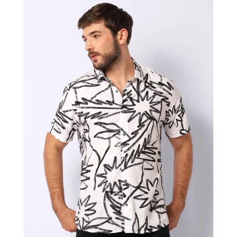 Camisa Masculina Estampada Floral Manga Curta Bege 3