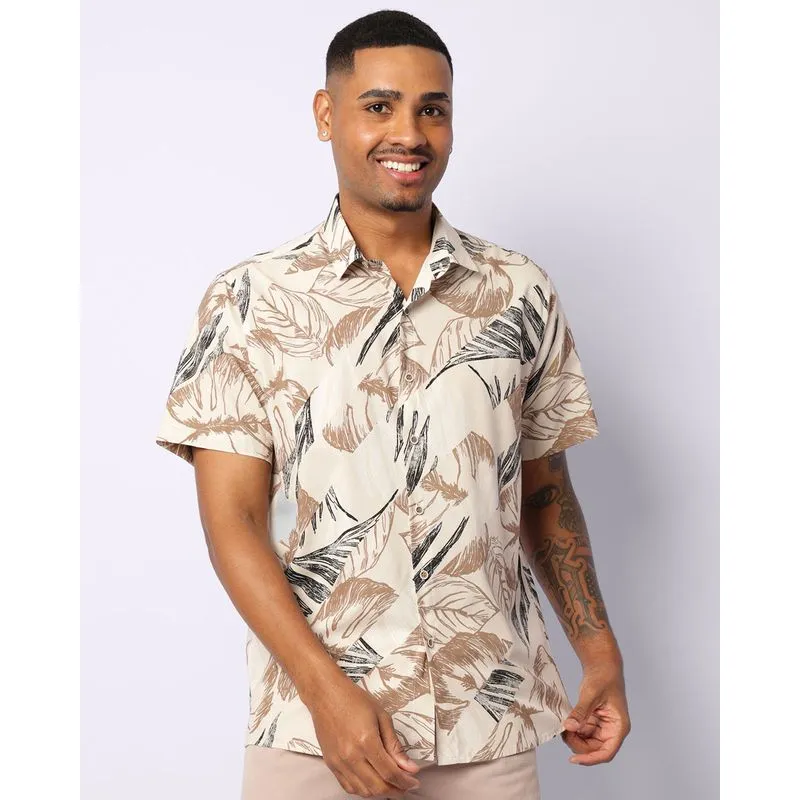Camisa Masculina Estampada Folhagem Manga Curta Bege 3