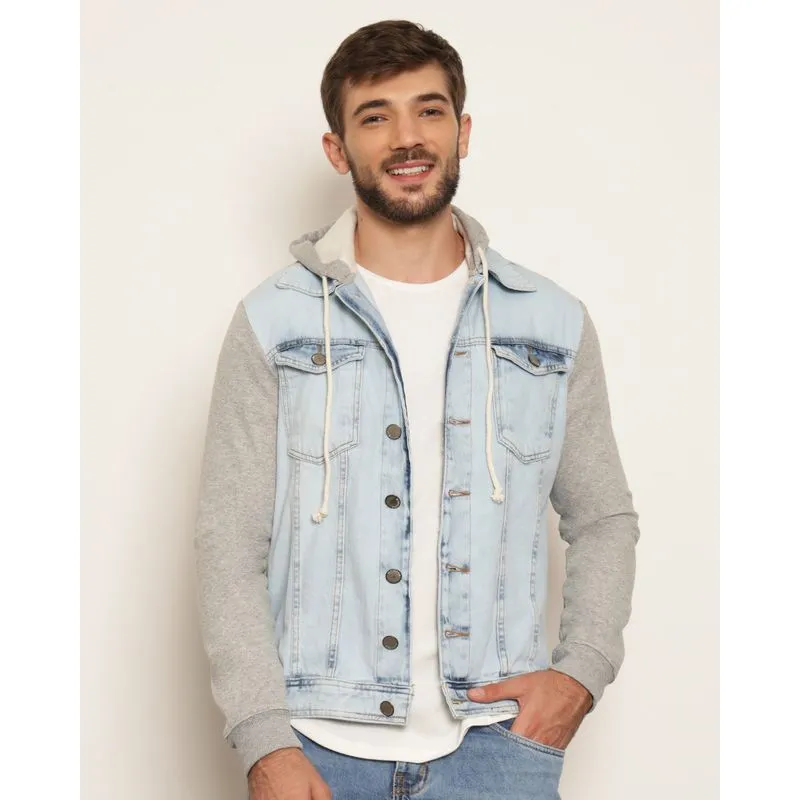 Jaqueta Jeans Masculina Recortes Com Bolsos E Capuz Azul P