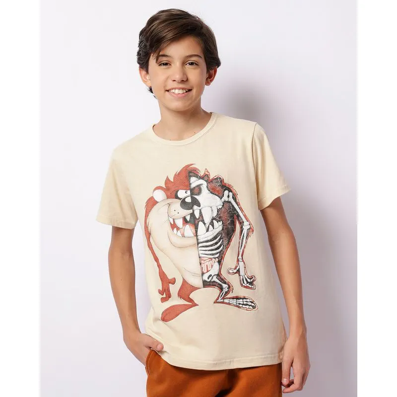 Camiseta Juvenil Manga Curta Looney Tunes Taz Bege 12