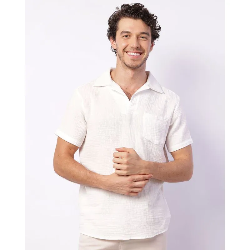 Bata Masculina Algodão Texturizado Manga Curta Com Bolso Branca GG