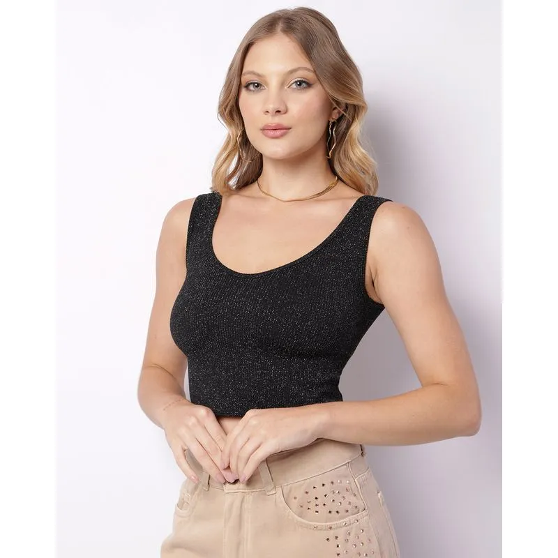Regata Feminina Cropped Sem Costura Lurex Preta M