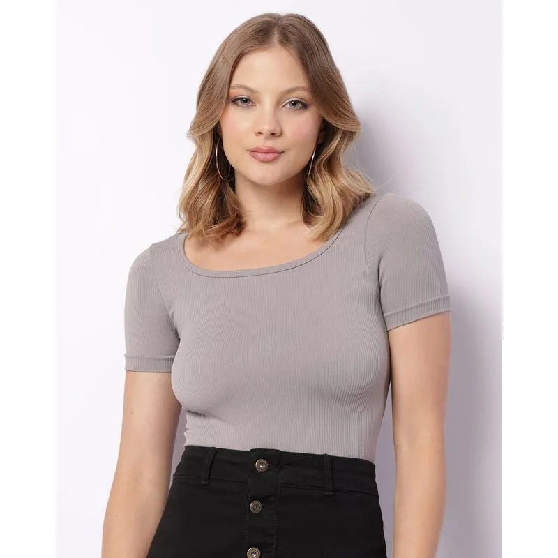 Blusa Feminina Cropped Manga Curta Sem Costura Cinza G