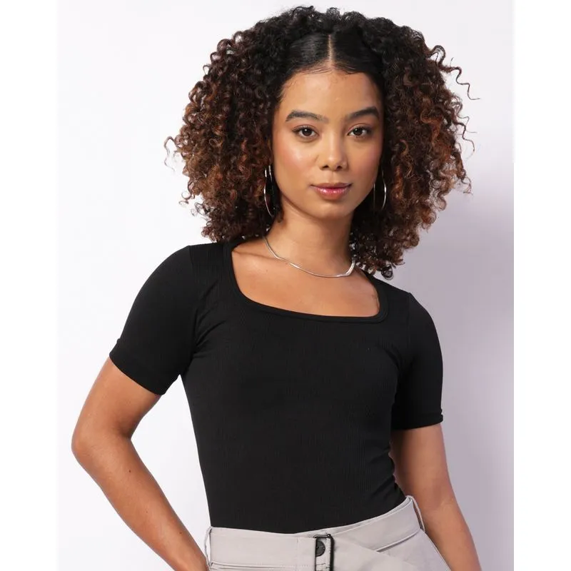 Blusa Feminina Cropped Manga Curta Sem Costura Preta P