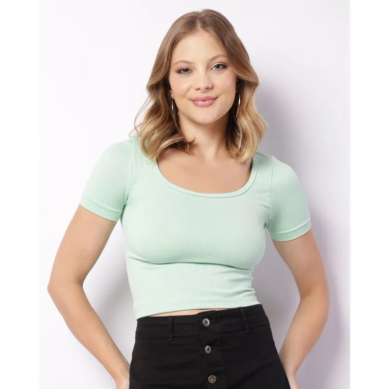Blusa Feminina Cropped Manga Curta Sem Costura Verde G