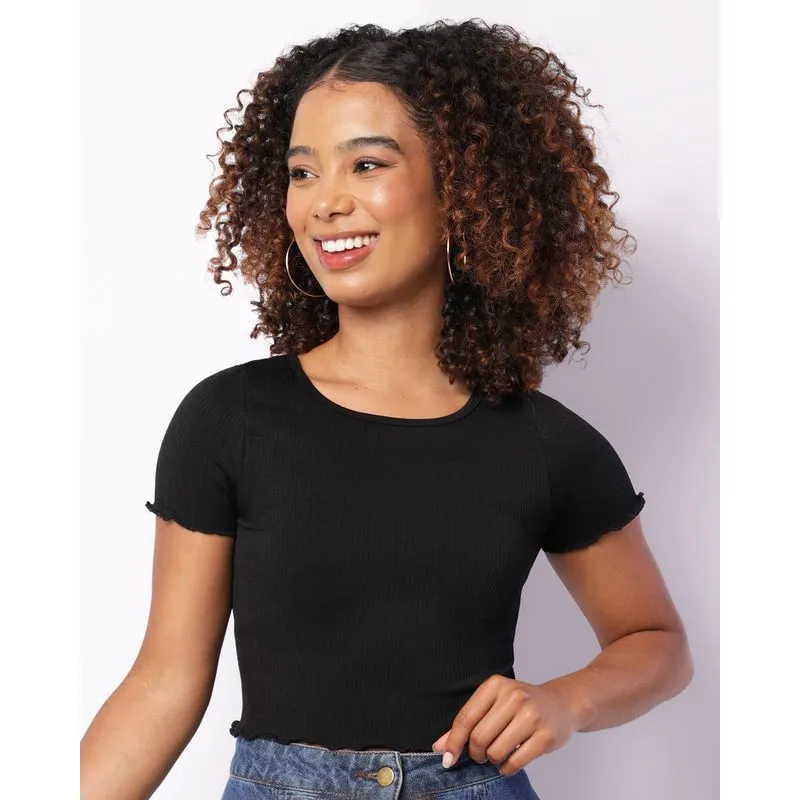 Blusa Feminina Cropped Sem Costura Frufru Preta G