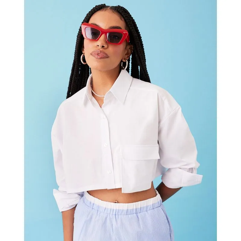 Camisa Feminina Cropped Manga Longa Bolso Branca M