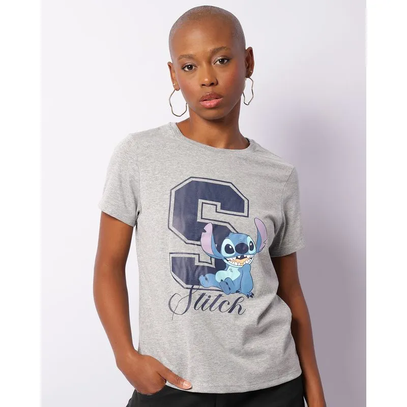 Camiseta Feminina Disney Stitch Manga Curta Cinza P