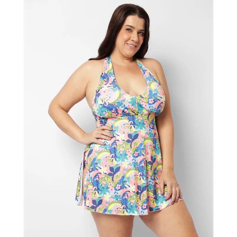 Maio Plus Size Feminino Estampado Floral Com Saia azul 48