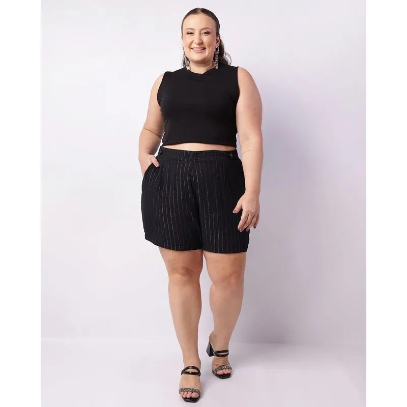 Short Plus Size Feminino Curto Berry & Co. Lurex Bolsos Preto G3