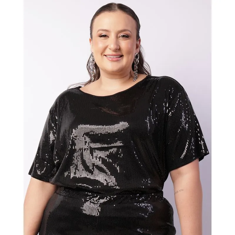 Blusa Plus Size Feminina Berry & Co. Manga Curta Paetê Preta G1