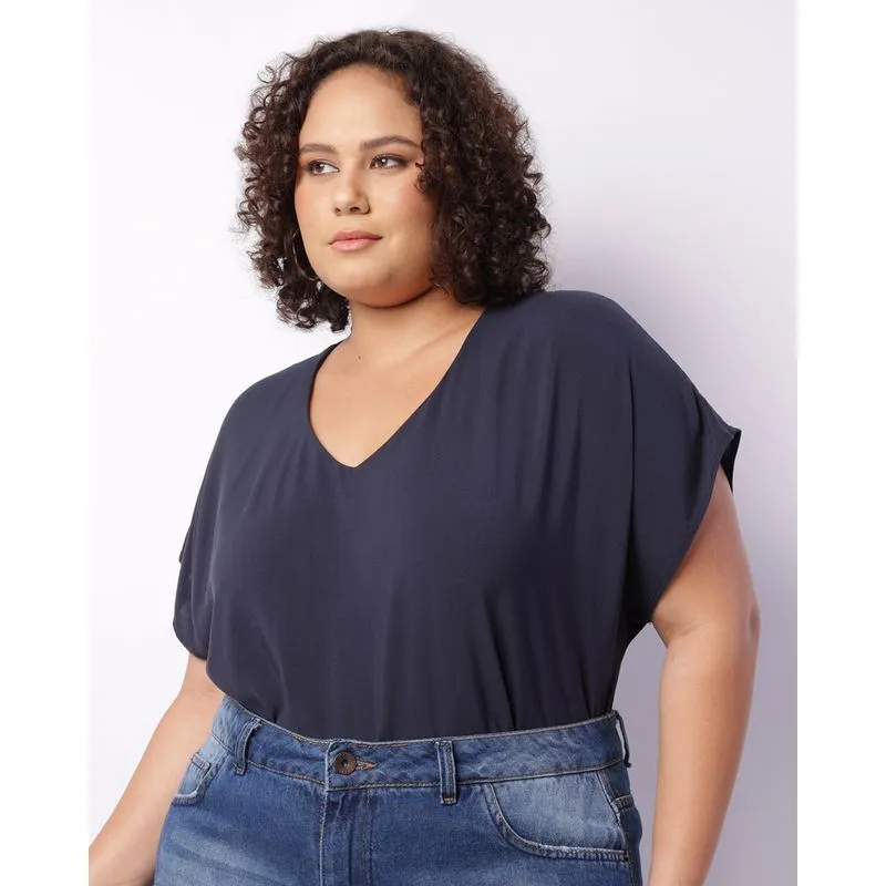 Blusa Plus Size Feminina Berry & Co. Viscose Decote V Marinho G3
