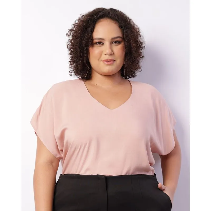 Blusa Plus Size Feminina Berry & Co. Viscose Decote V Rosa G1