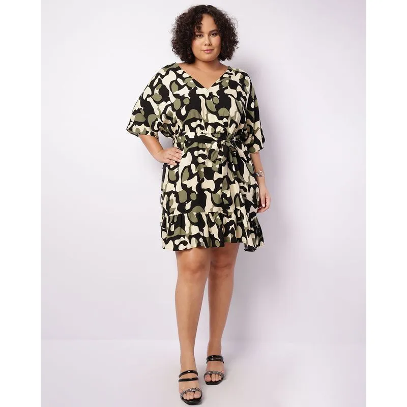 Vestido Plus Size Feminino Midi Viscose Com Babado Estampado Verde G3