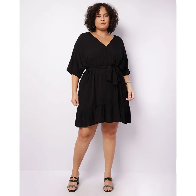 Vestido Plus Size Feminino Curto Viscose Com Babado Preto G1