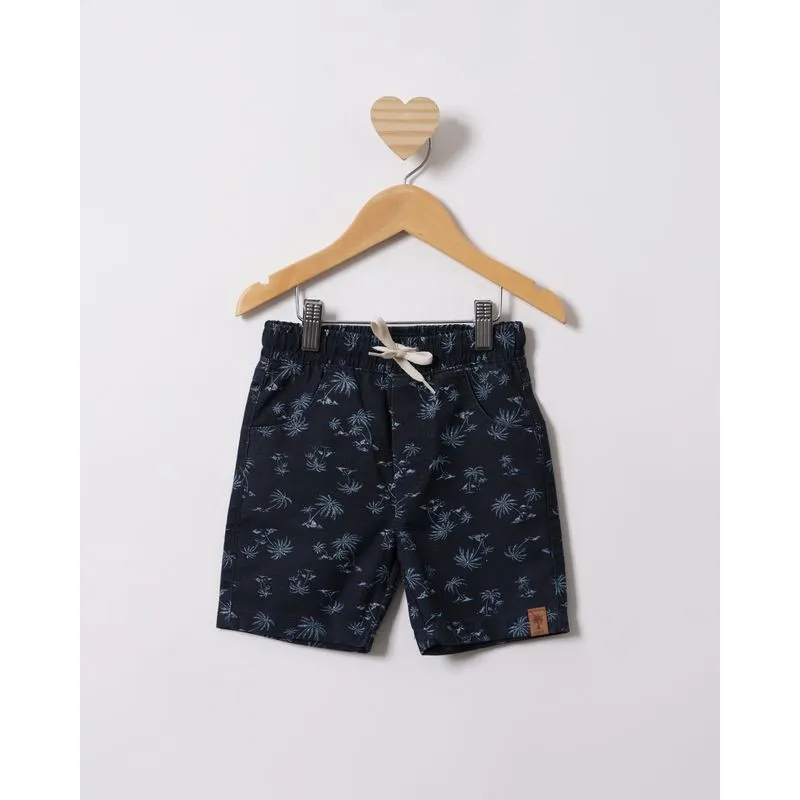 Bermuda Bebê Sarja Com Bolsos Estampa Coqueiros Azul Marinho 1