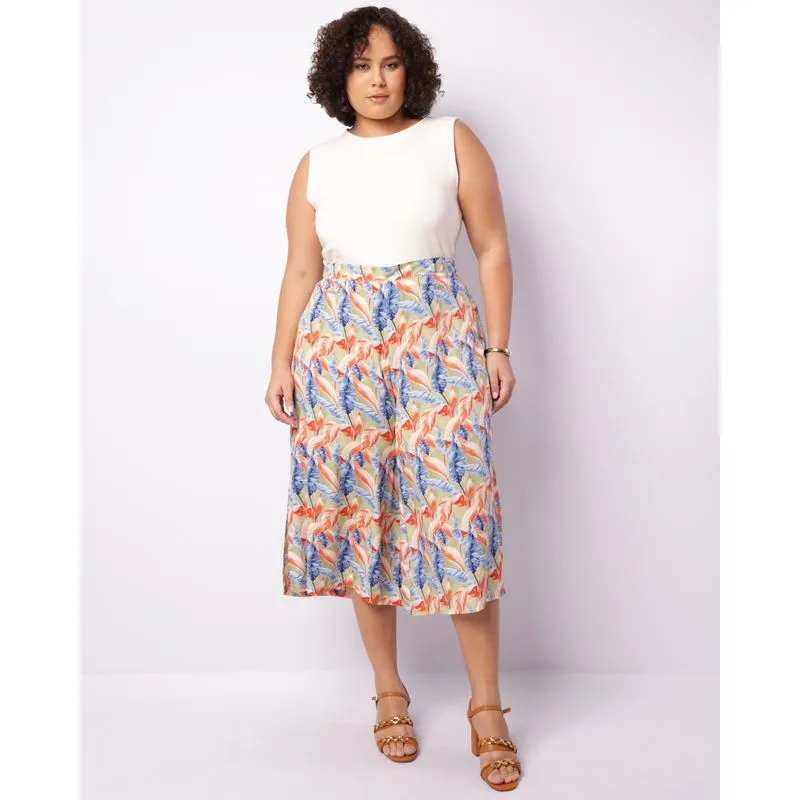 Calça Plus Size Feminina Pantacourt Viscose Estampada Verde G2