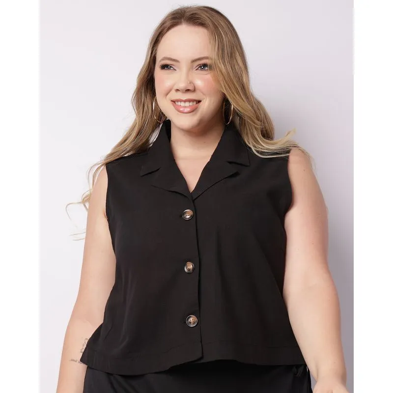 Colete Plus Size Feminino Gola V Botões Preto G2