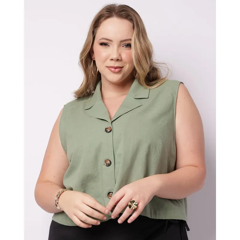 Colete Plus Size Feminino Gola V Botões Verde G3