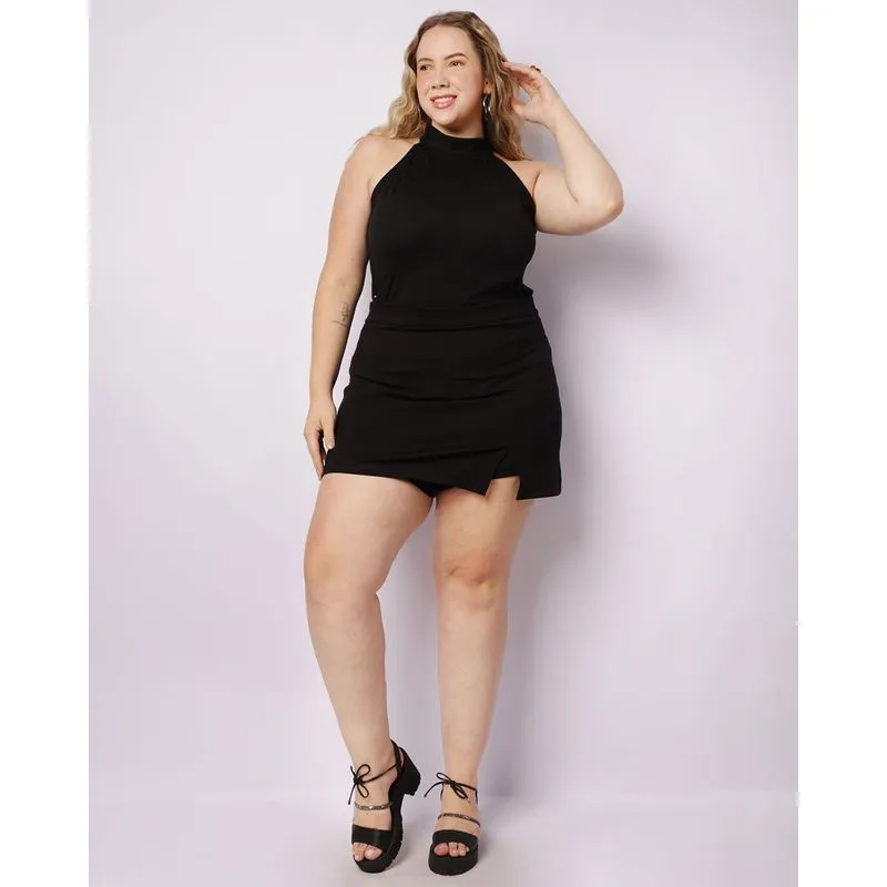Short Saia Plus Size Feminino Curto Com Fenda Preto G1