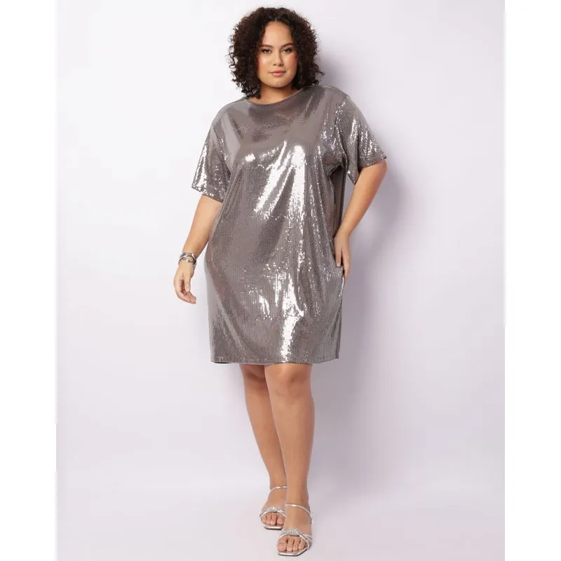 Vestido Plus Size Feminino Viscose Berry & Co. Paetê Prateado G1