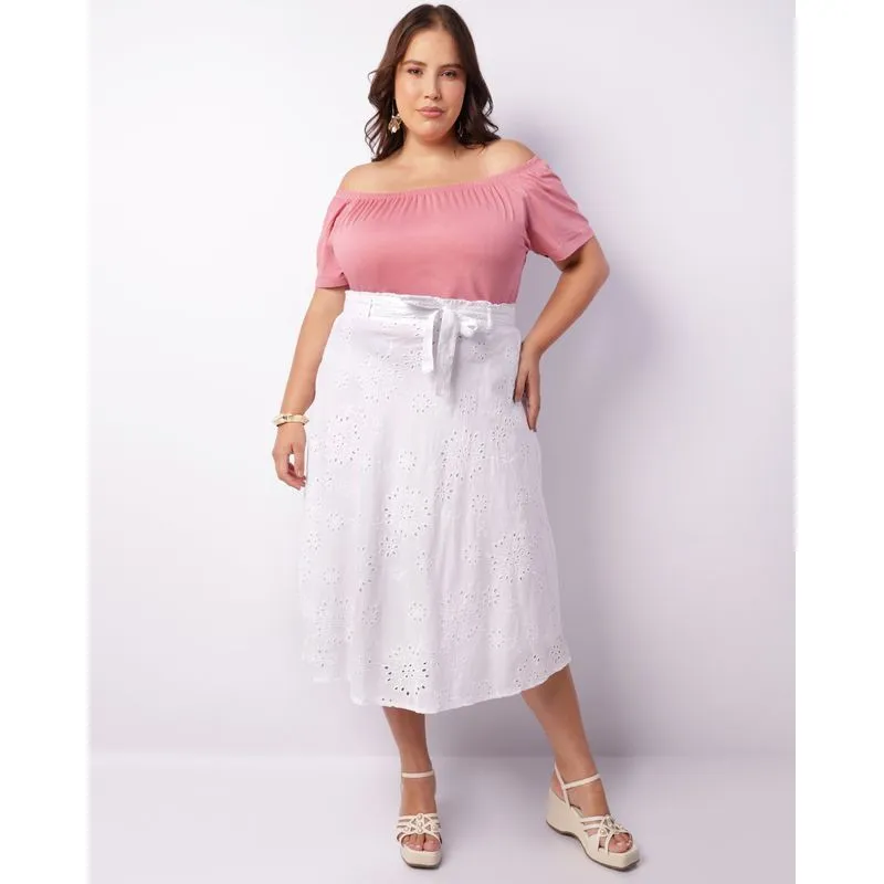 Saia Plus Size Feminina Midi Berry & Co. Laise Branca G3