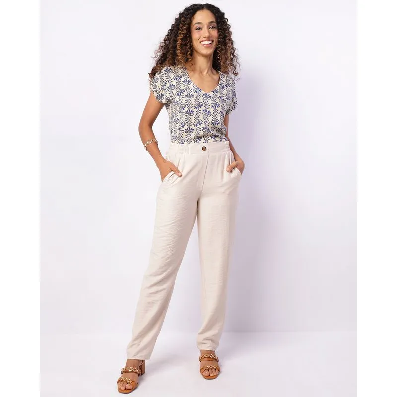 Calça Feminina Berry & Co. Viscose Reta com Botão Bege GG