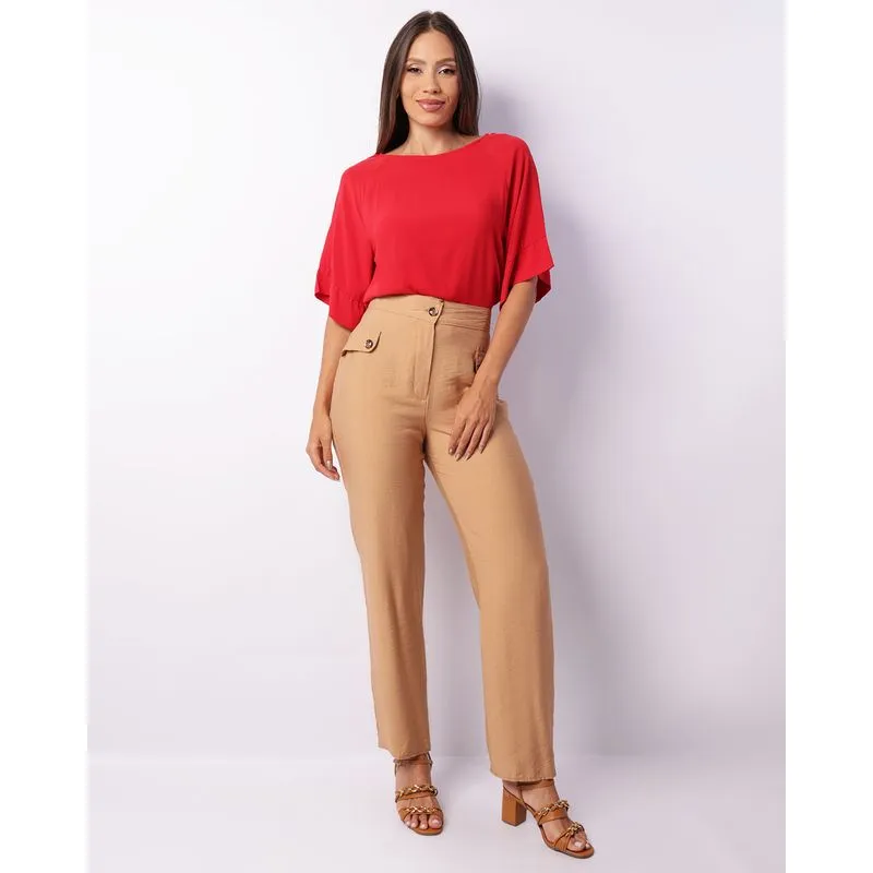 Calça Feminina Reta Berry & Co. com Bolsos Lapela Bege G