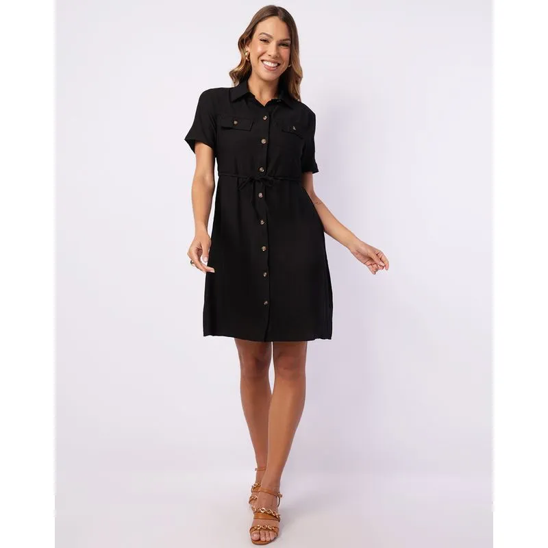 Vestido Feminino Berry & Co. Chemise Curto com Botões Preto G
