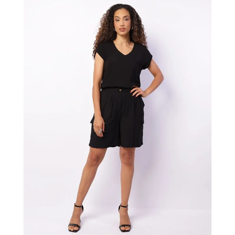 Bermuda Feminina Berry & Co. Reta Viscose Bolsos Cargo Preta P