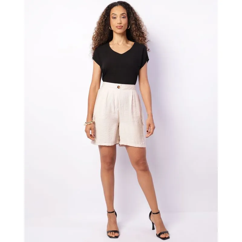 Bermuda Feminina Berry & Co. Reta Viscose Bolsos Cargo Bege GG