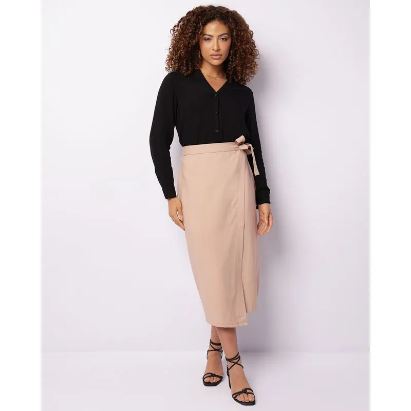 Saia Feminina Midi Berry & Co. Viscose Com Sobreposição Bege G