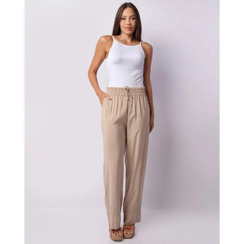Calça Feminina Berry & Co. Pantalona Viscose Bolsos Bege P