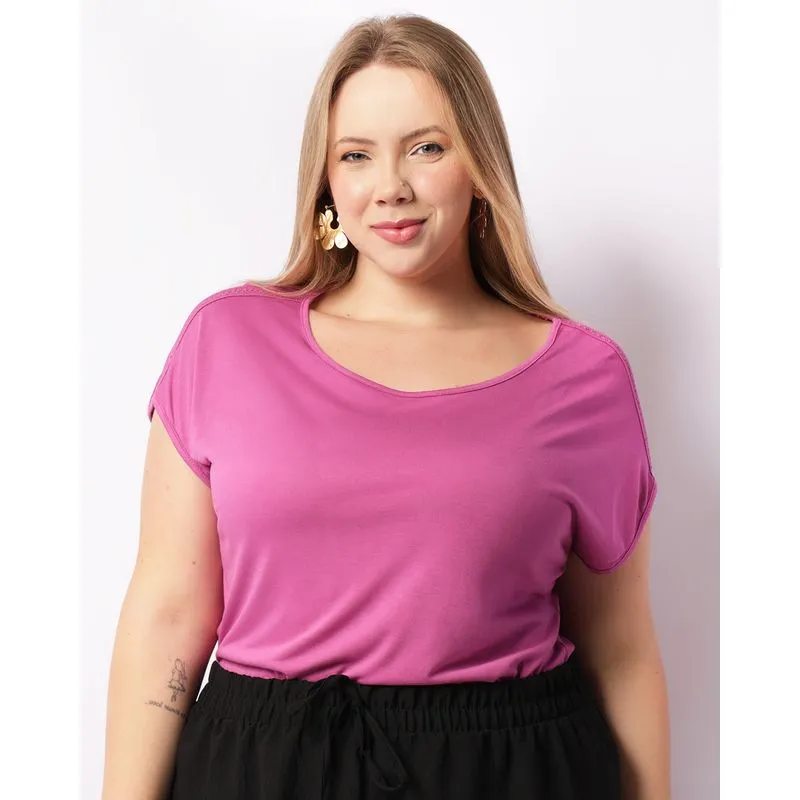 Blusa Plus Size Feminina Com Detalhe Entremeio Rosa G2