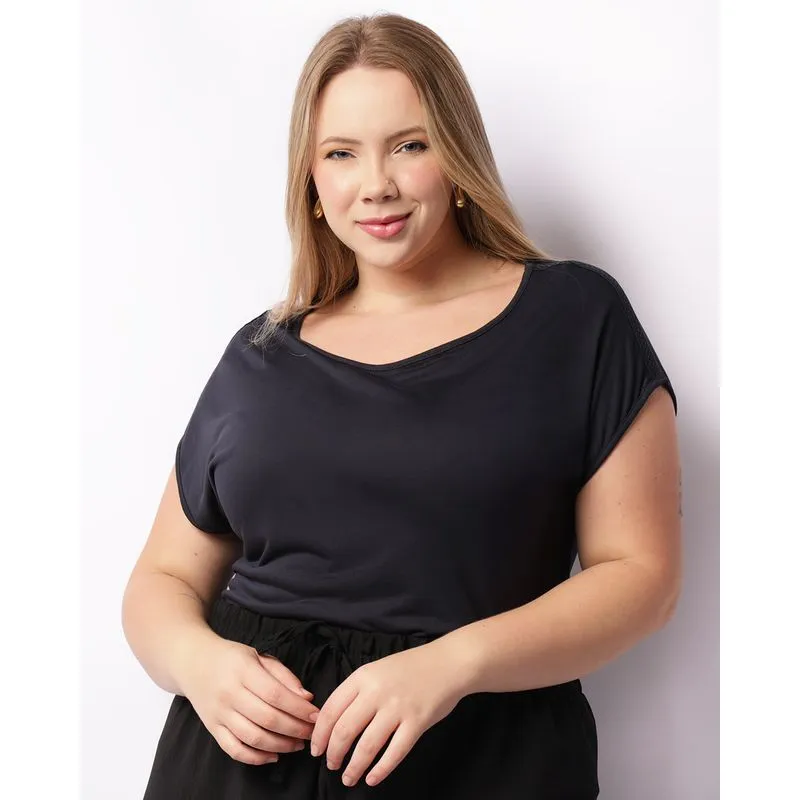 Blusa Plus Size Feminina Com Detalhe Entremeio Marinho G1