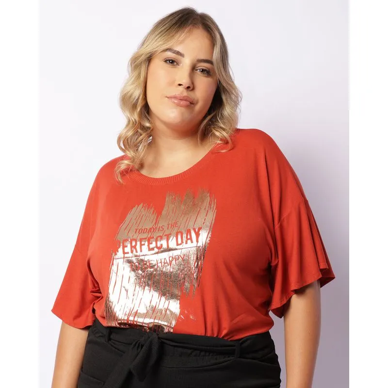Blusa Plus size Feminina Estampa Foil Manga Curta Terracota G3