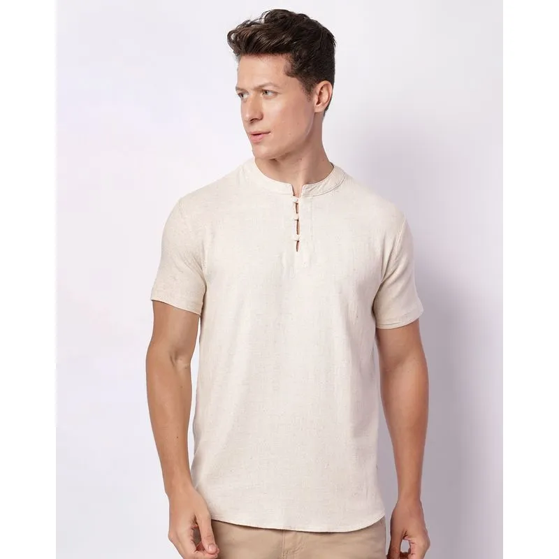 Bata Masculina Gola Padre Manga Curta Viscolinho Off White M