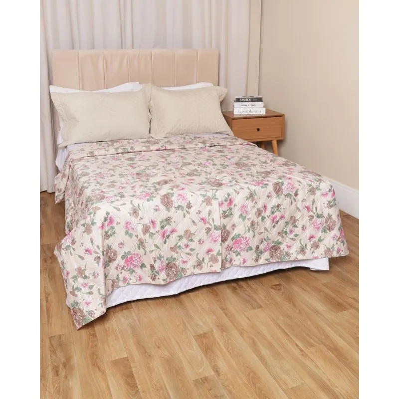 Colcha Casal Arte & Cazza 170 Fios Matelassê Estampa Floral Bege UN