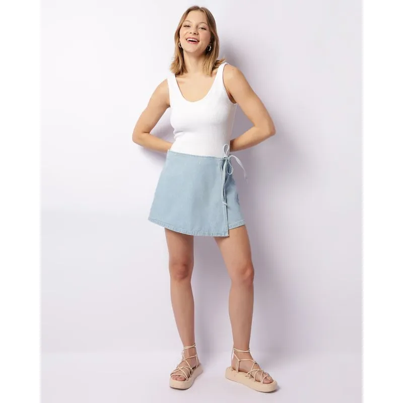 Short Saia Jeans Feminino Curto Com Amarração Azul Claro 34