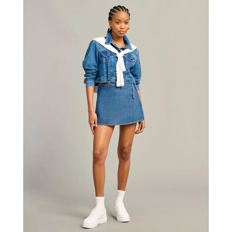 Short Saia Jeans Feminino Curto Com Amarração Azul 44