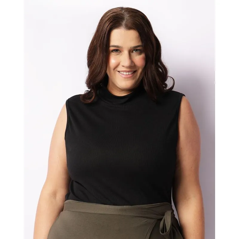 Regata Plus Size Feminina Canelada Gola Alta Preta G1