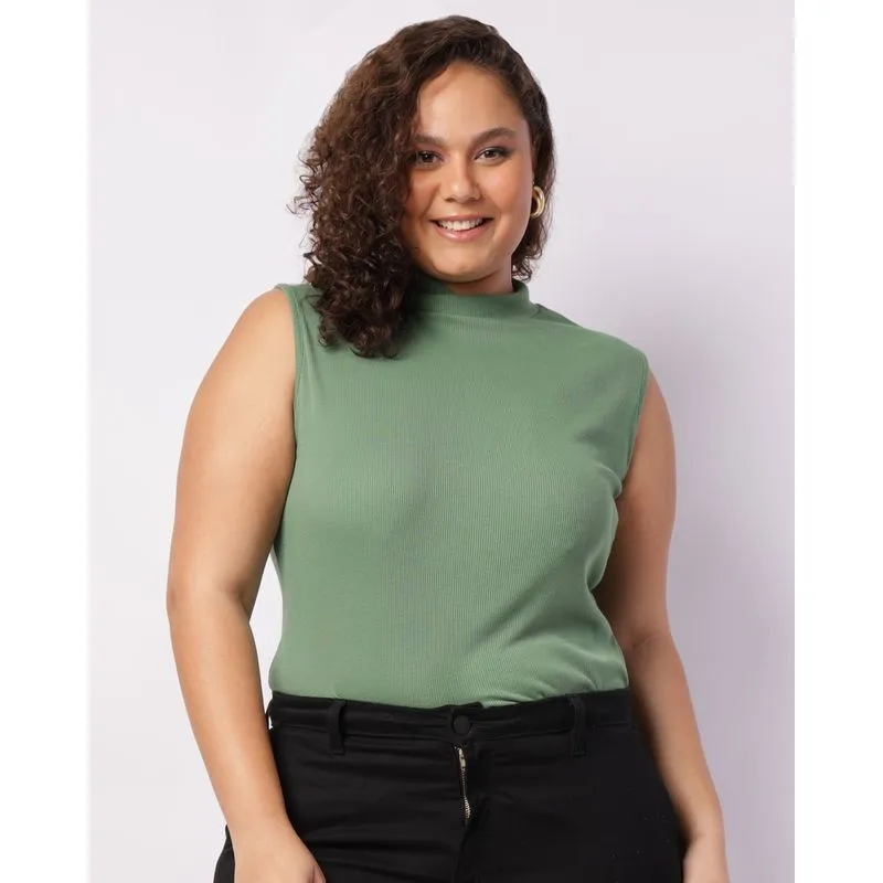 Regata Plus Size Feminina Canelada Gola Alta Verde Escuro G2