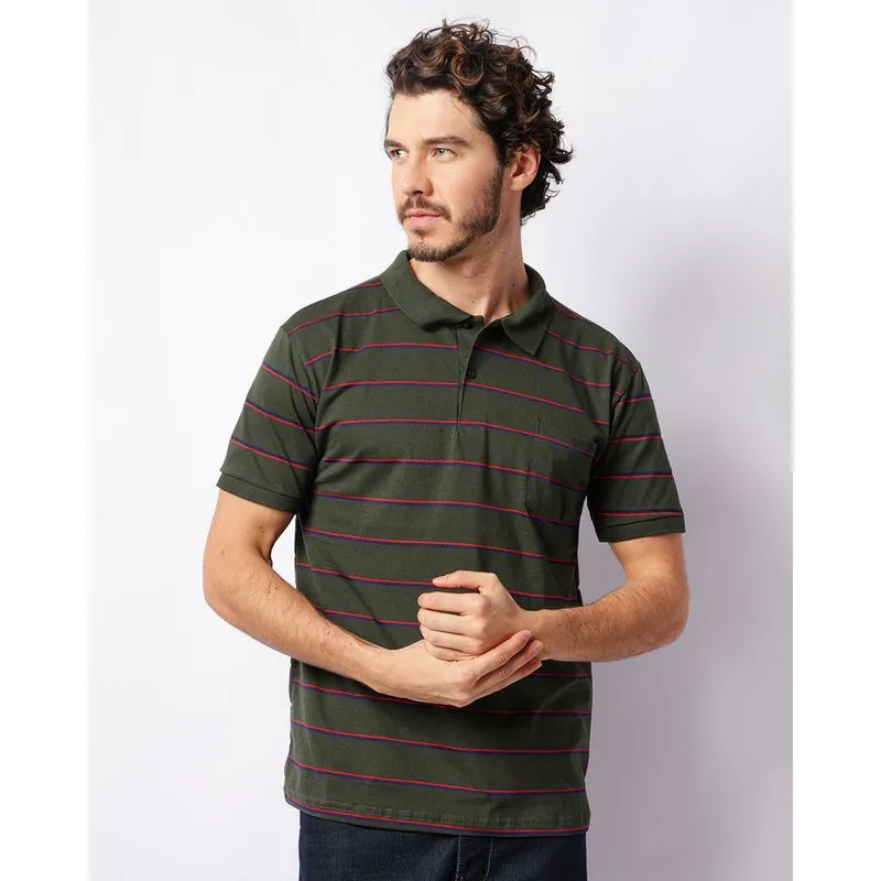 Camisa Polo Masculina Listrada Manga Curta Verde GG