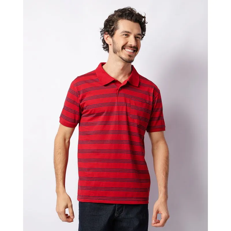 Camisa Polo Masculina Listrada Manga Curta Vermelha G